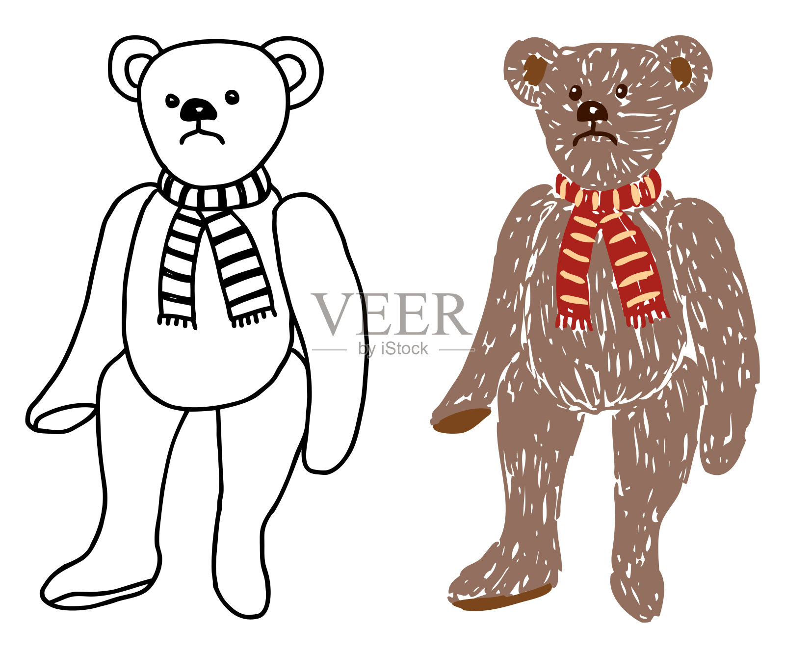 矢量插图黑色轮廓和彩色剪影绘制的毛绒复古泰迪熊玩具在红色黄色条纹围巾孤立的白色插画图片素材