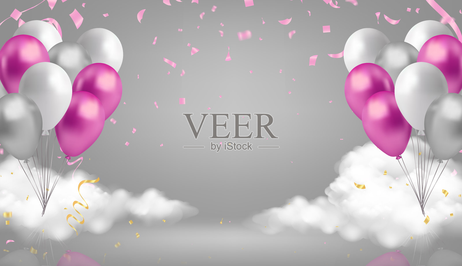 以气球、五彩纸屑和彩带为生日快乐背景。矢量插图。插画图片素材