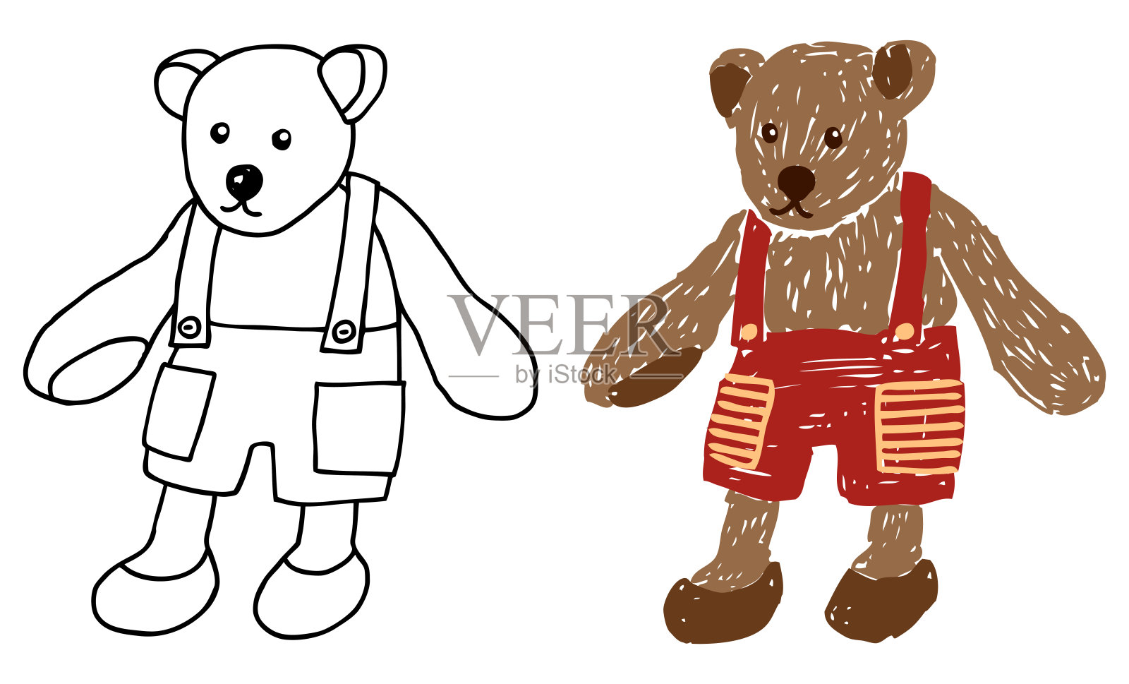 矢量插图的黑色轮廓和彩色轮廓绘制复古玩具毛绒泰迪熊在红色短裤孤立的白色插画图片素材