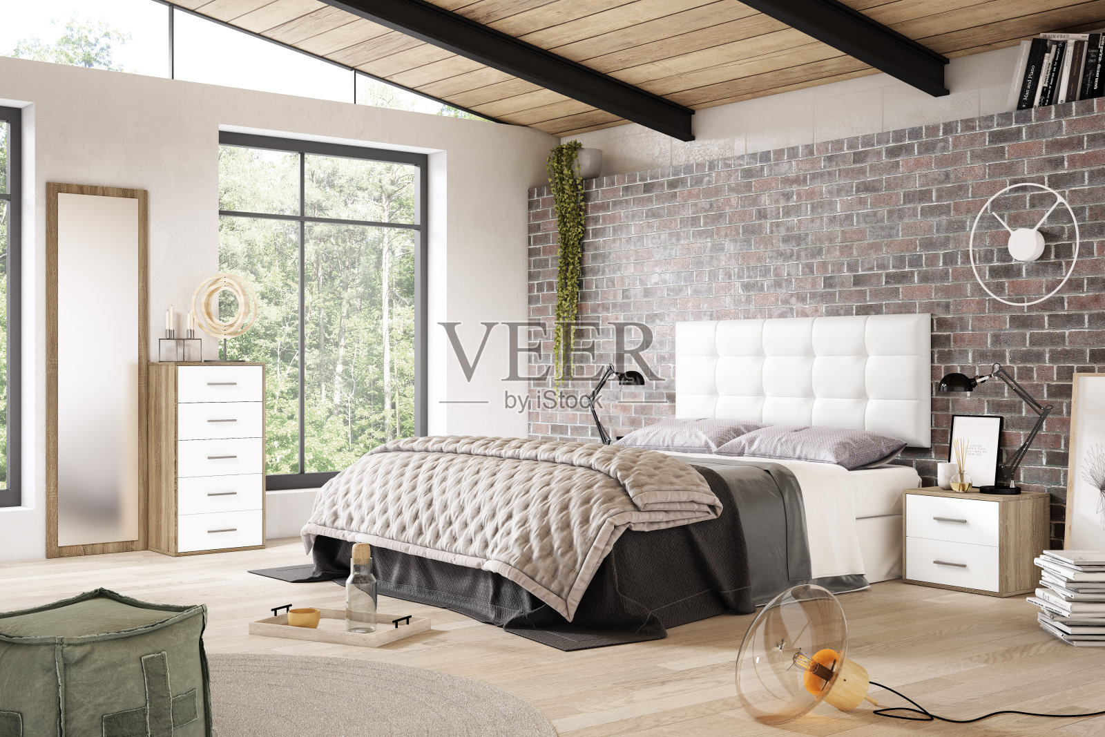 现代双人卧室。经济的家具。设计。的趋势。复古,无用的人。照片摄影图片