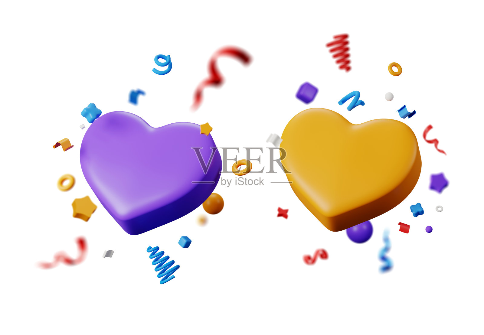 3D渲染，最小的爱情图标元素，节日装饰孤立在白色背景，情人节与心形，为婚礼庆典和派对模拟。照片摄影图片