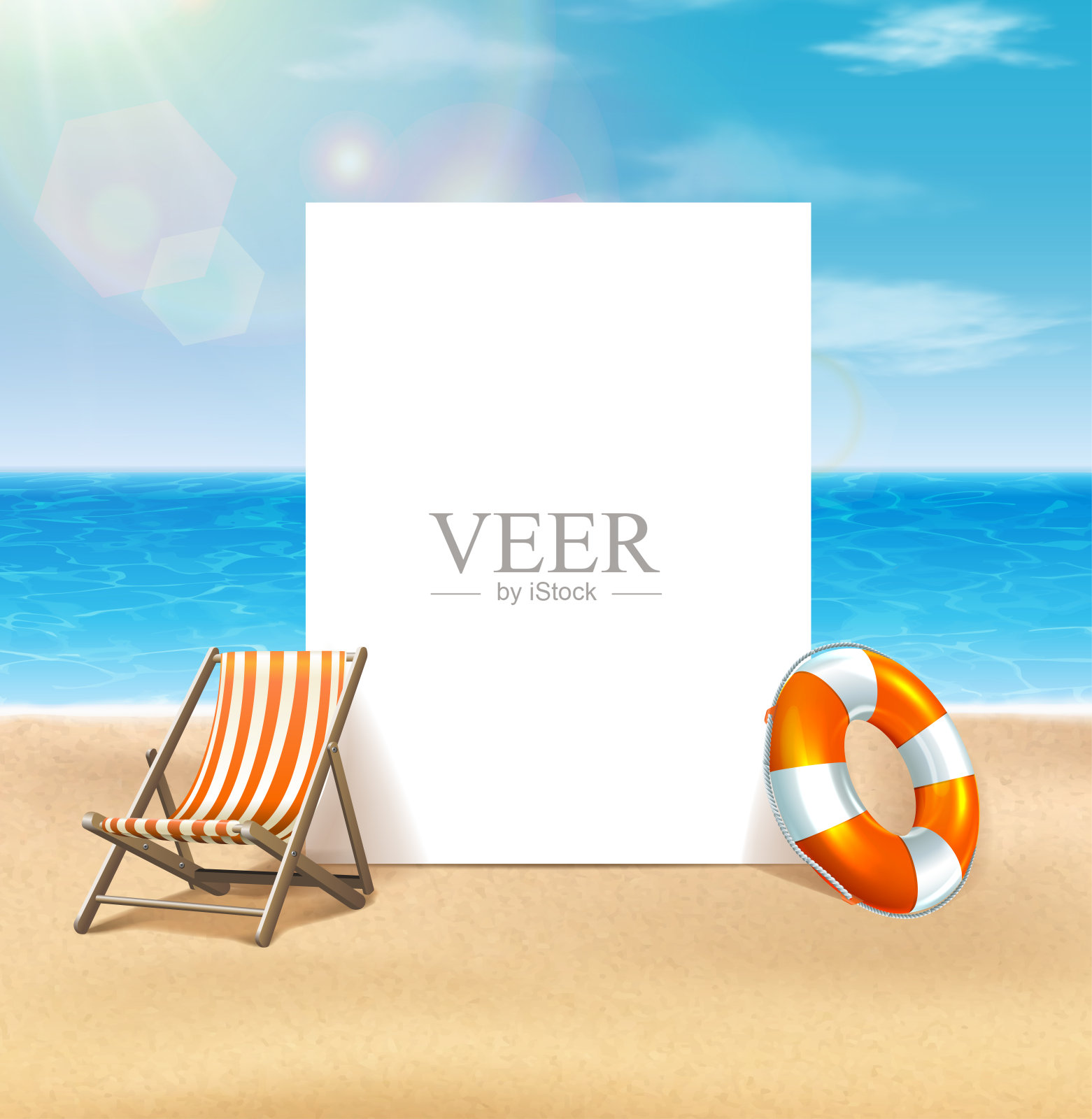 三维现实矢量插图。夏天的背景。有大海背景的沙滩。纸张复制空间的横幅菜单或传单与日光浴床。插画图片素材