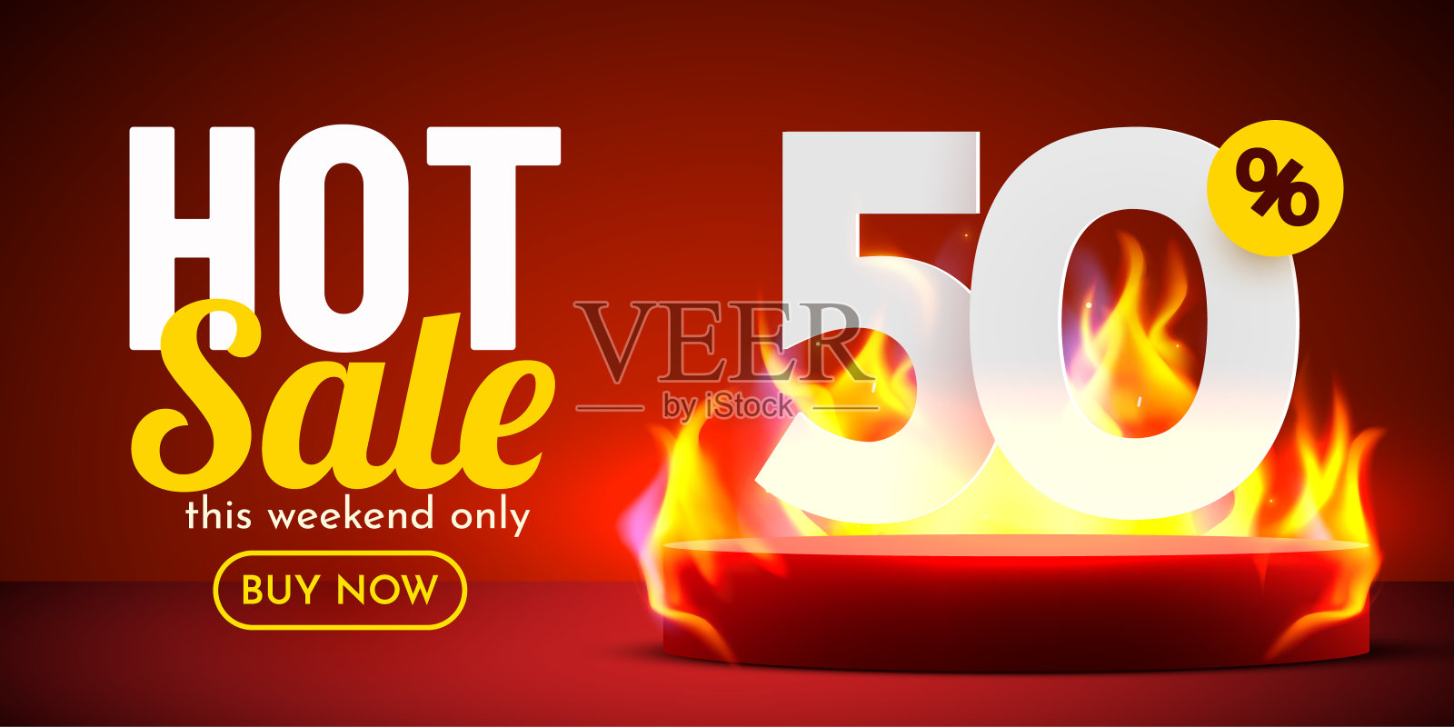 五折。炙手可热的销售横幅与燃烧的数字。折扣海报。插画图片素材