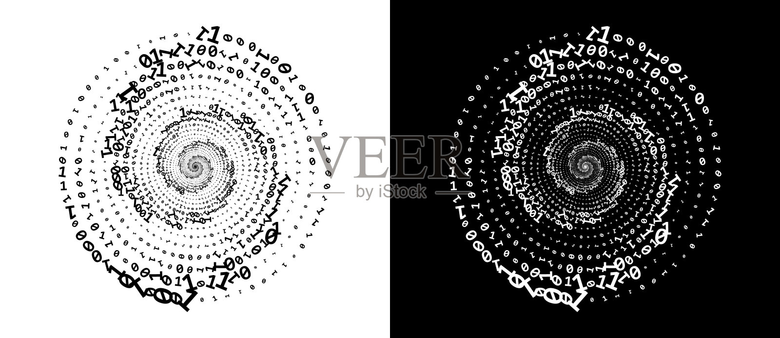 把数字1和0抽象成一个螺旋。大数据还是混沌概念，logo图标还是纹身。黑色的形状在白色的背景和相同的白色形状在黑色的一面。插画图片素材