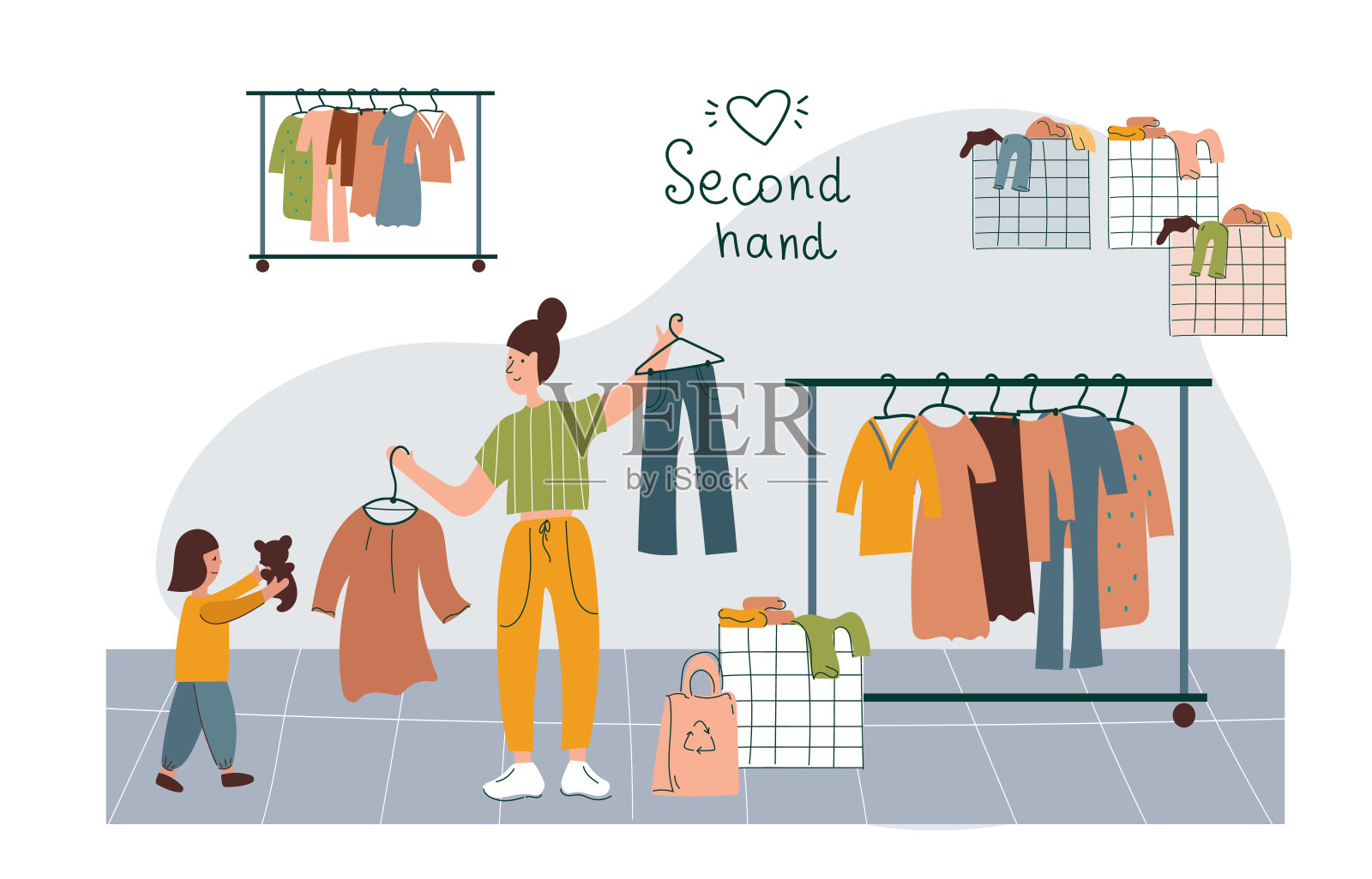 情侣在跳蚤市场或二手商店购物。环保可持续时尚理念，廉价旧货出售。插画图片素材