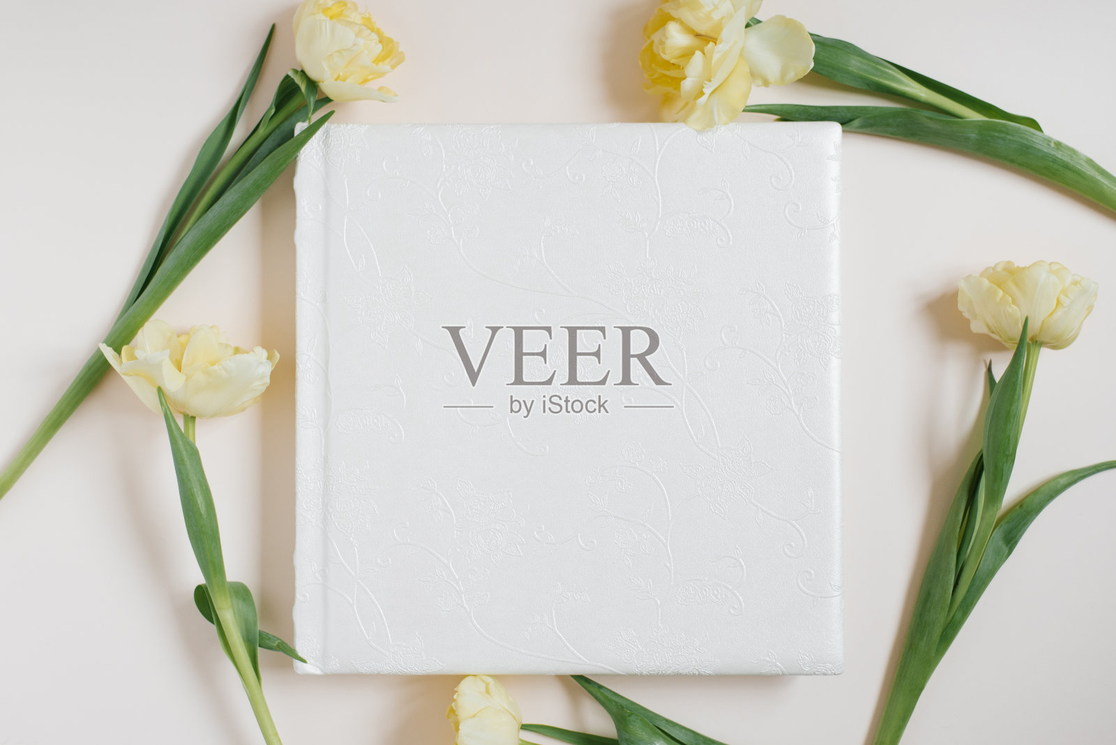 婚礼或家庭相册，黄色的郁金香花在浅色的背景;俯视图，平躺，俯视图照片摄影图片