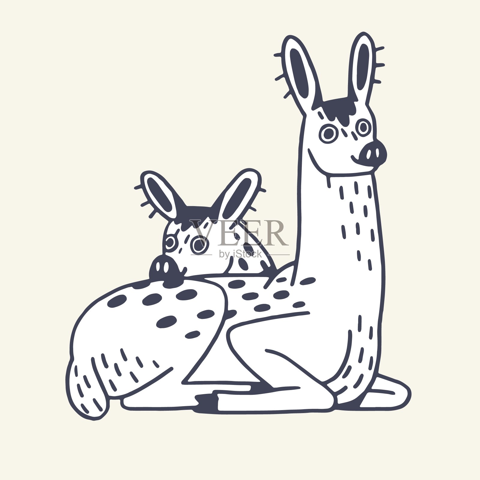 木动物，可爱的口吻，快乐的小腿轮廓。毛茸茸的森林梅花鹿:躺着的妈妈和有趣的宝宝。毛茸茸的林地家庭轮廓素描在儿童风格。平面手绘孤立矢量插图插画图片素材