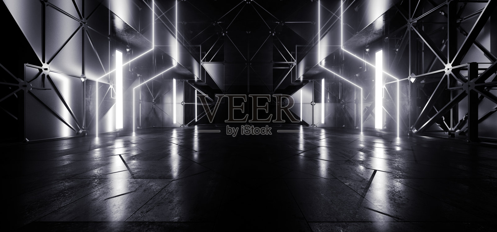 科幻未来科幻金属板外星飞船地下车库机库房间走廊网络白色霓虹灯3D渲染照片摄影图片