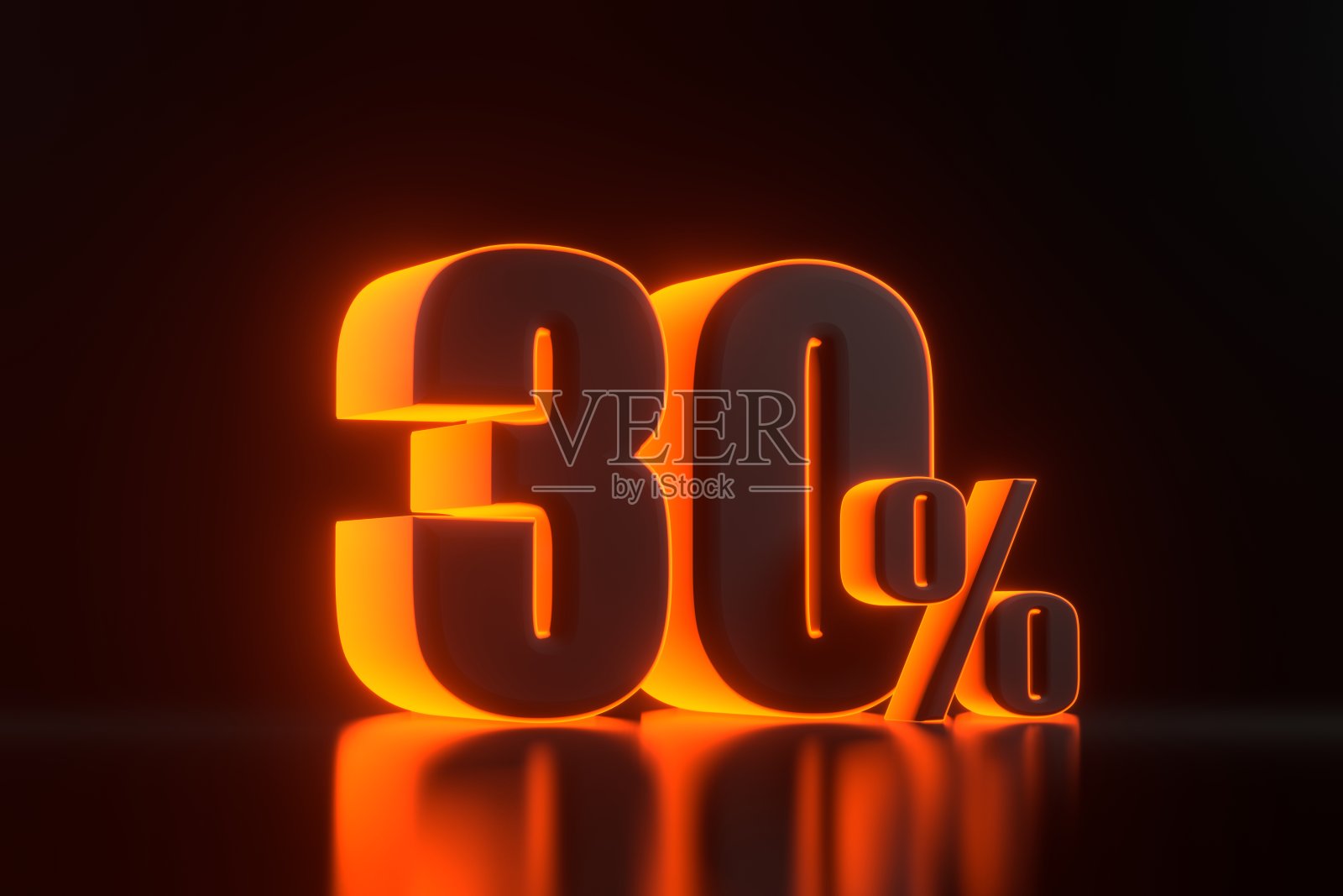 百分之三十的标志，明亮的未来主义橙色霓虹灯在黑色的背景照片摄影图片