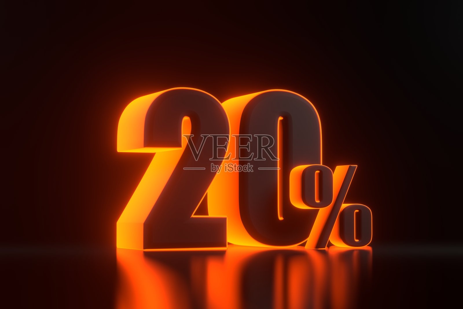 百分之二十的标志，明亮的未来主义橙色霓虹灯在黑色的背景照片摄影图片