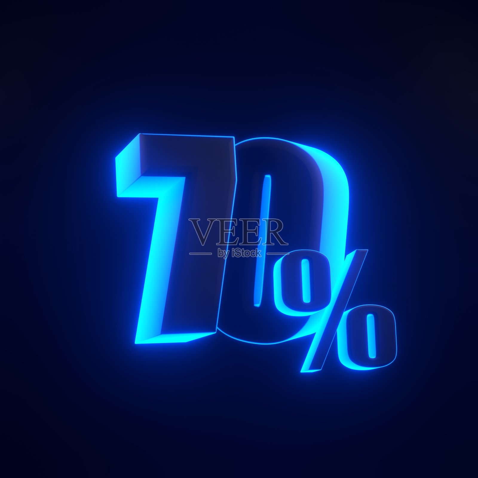 70%的标志是黑色背景上明亮的未来主义蓝色霓虹灯照片摄影图片