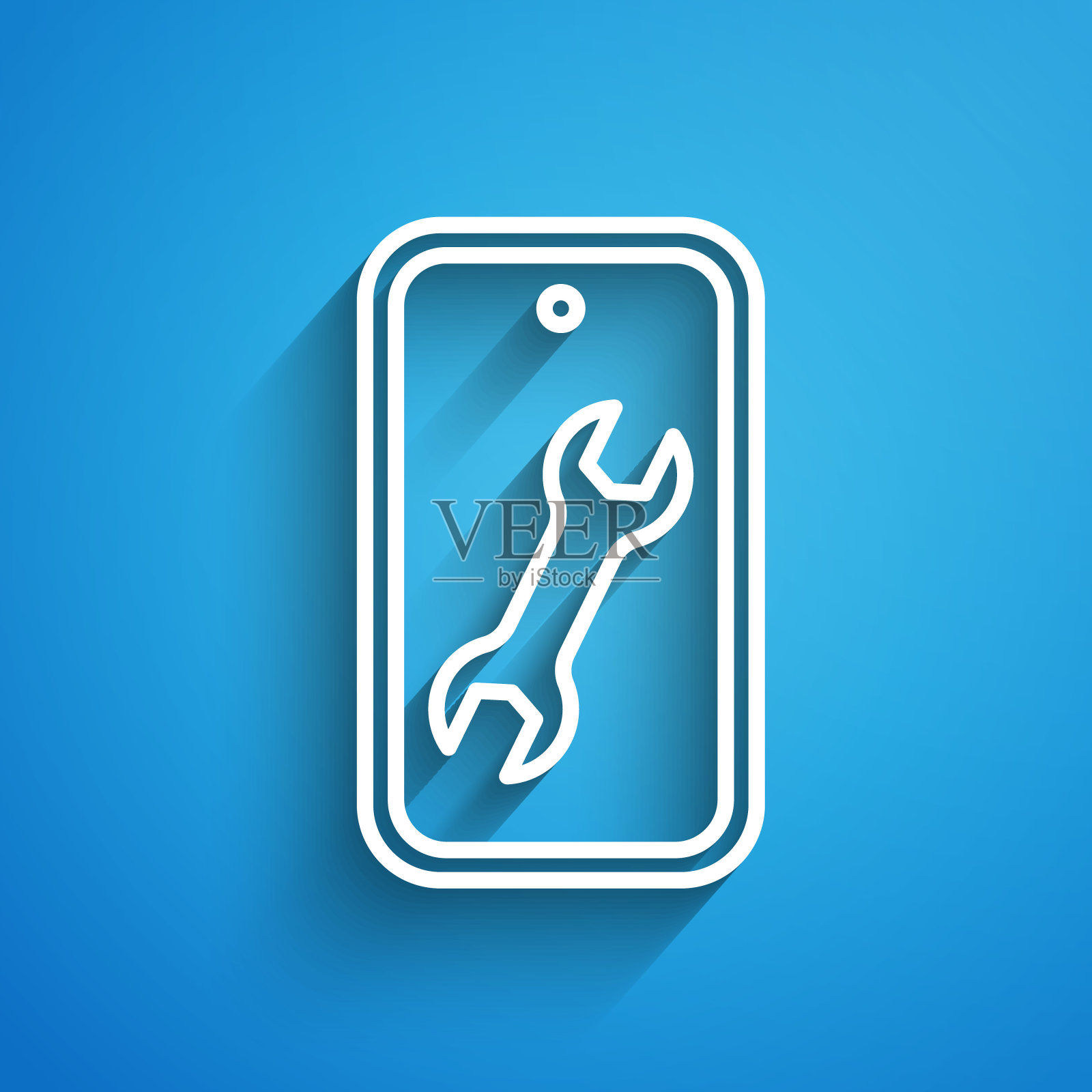 白线手机与扳手图标隔离在蓝色背景。调整、保养、设定、保养、修理。长长的阴影。向量插画图片素材