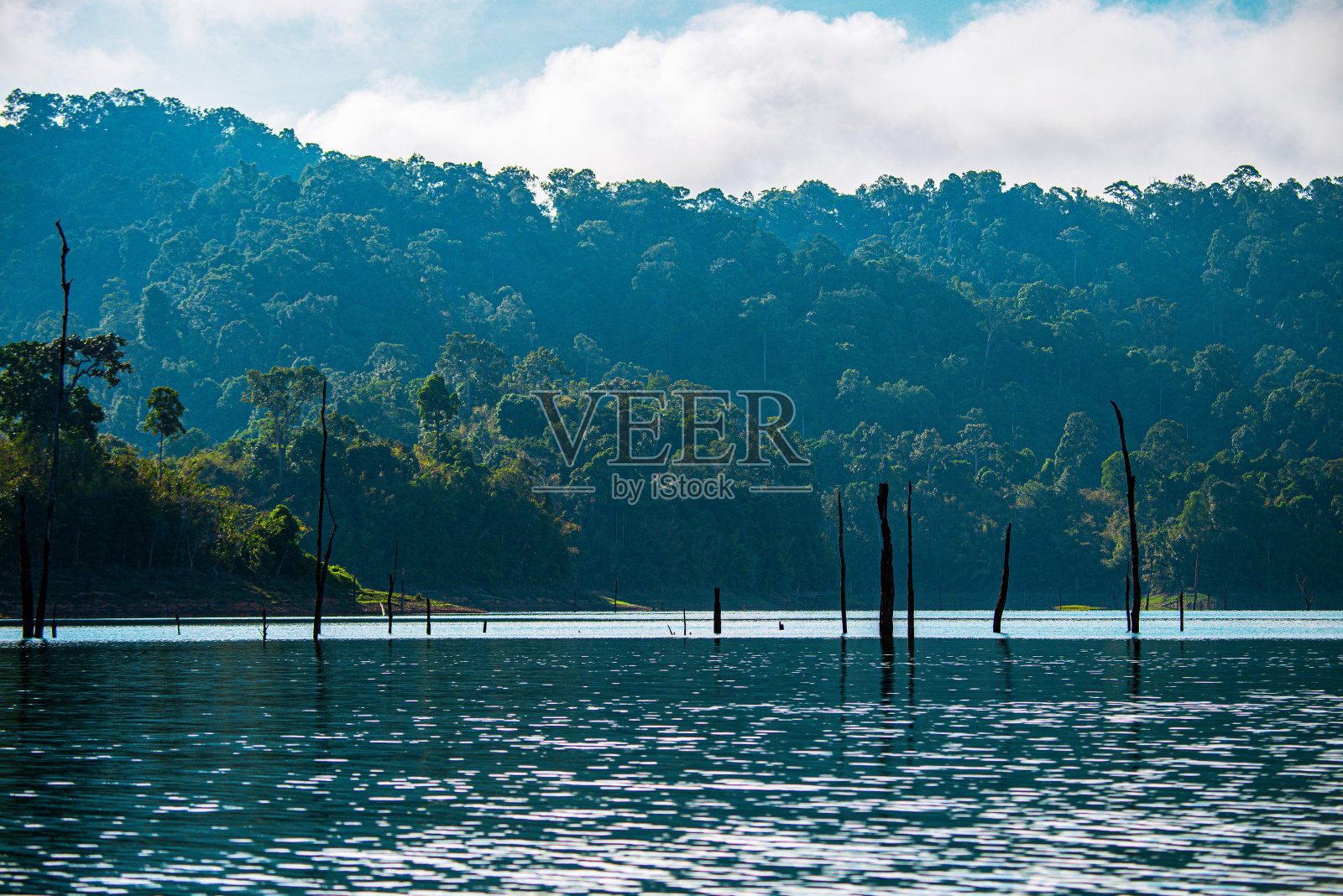 考索国家公园风光：长尾船供游客使用，泰国叻差帕发大坝俏兰湖的自然风光照片摄影图片