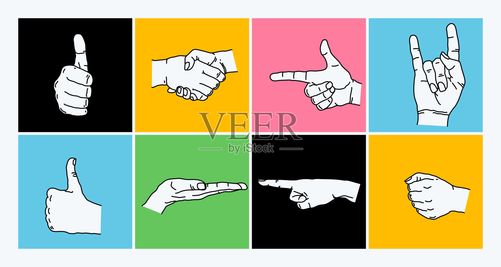 向量集的线性人的手在不同的姿势，显示不同的手势。插画图片素材