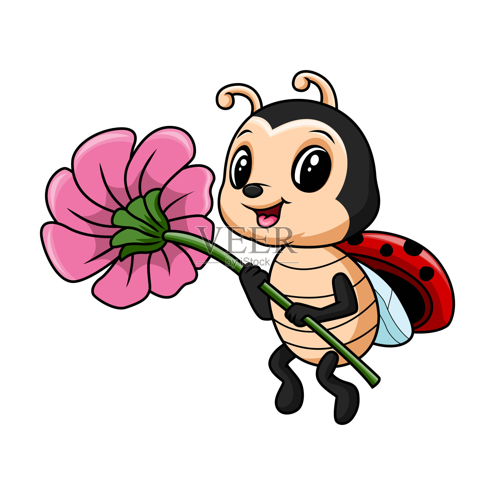 可爱的手持花朵的瓢虫插画图片素材