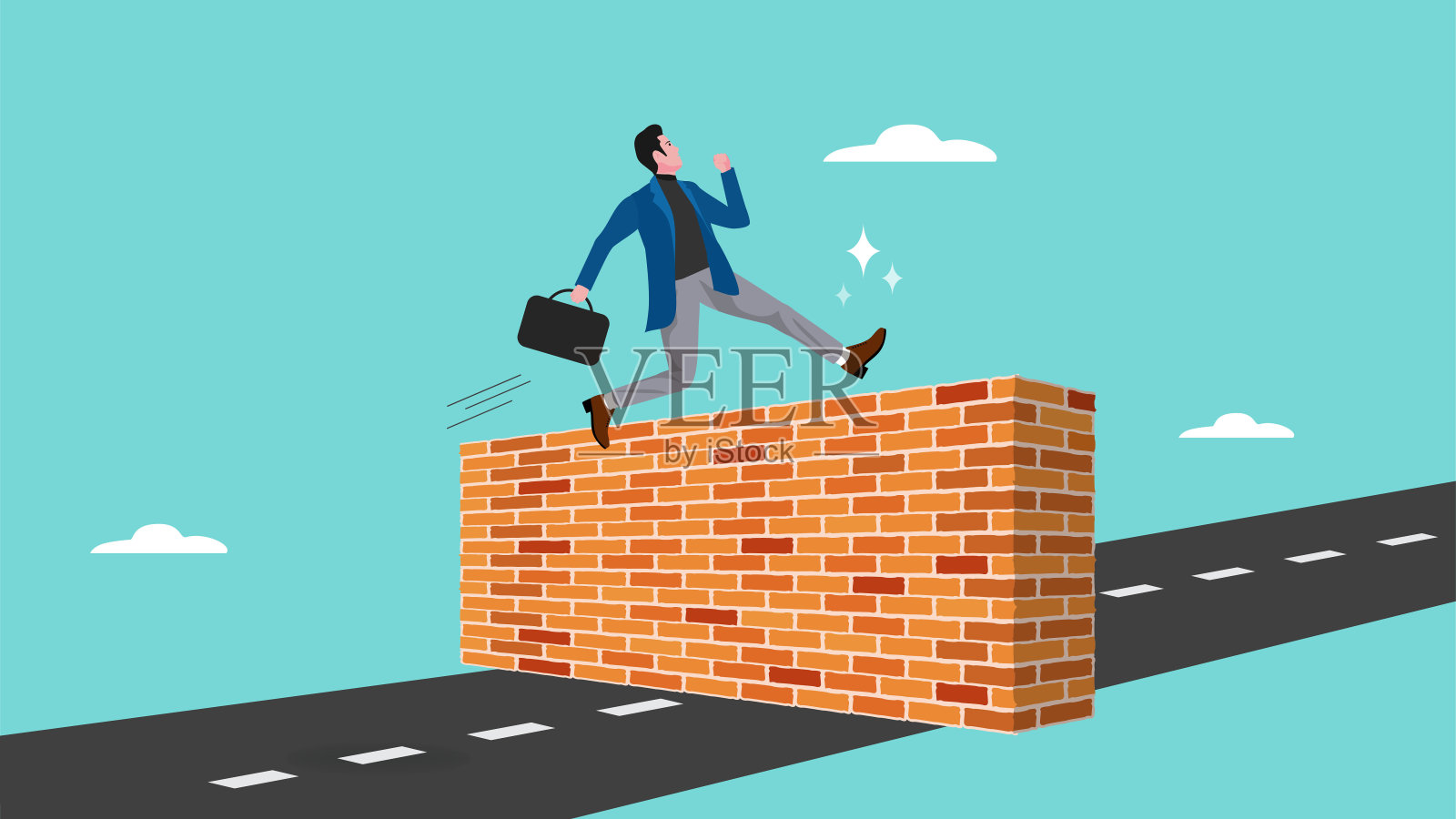 商人跳砖墙概念说明，克服经营障碍的概念，经营风险的象征，决心，动力插画图片素材