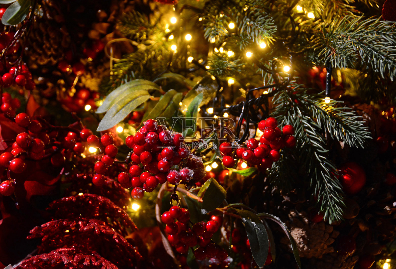 有浆果的圣诞树。照片摄影图片