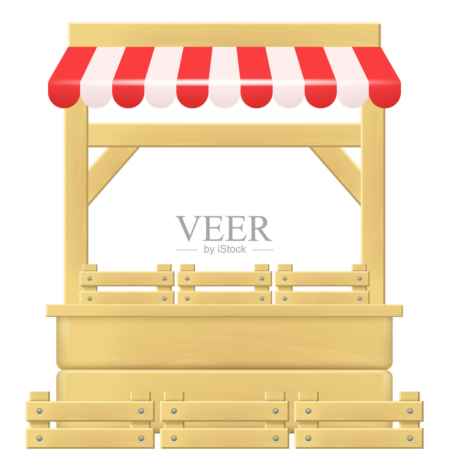 市场停滞不前。木制市场摊位，红白条纹遮阳篷。矢量剪贴画隔离在白色背景上。插画图片素材