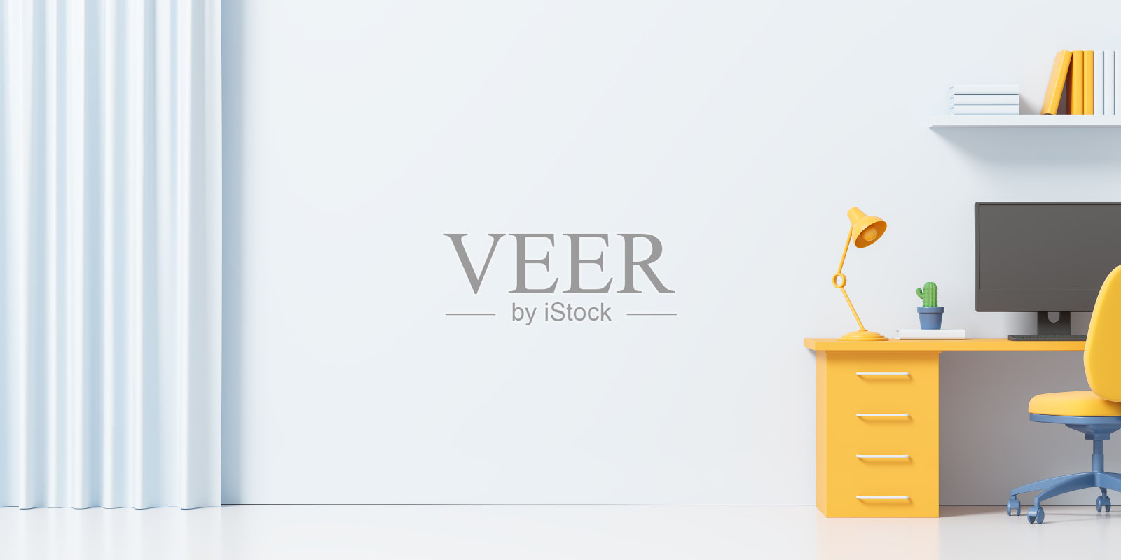 卡通ceo室内与桌子和电脑，货架和模型墙照片摄影图片