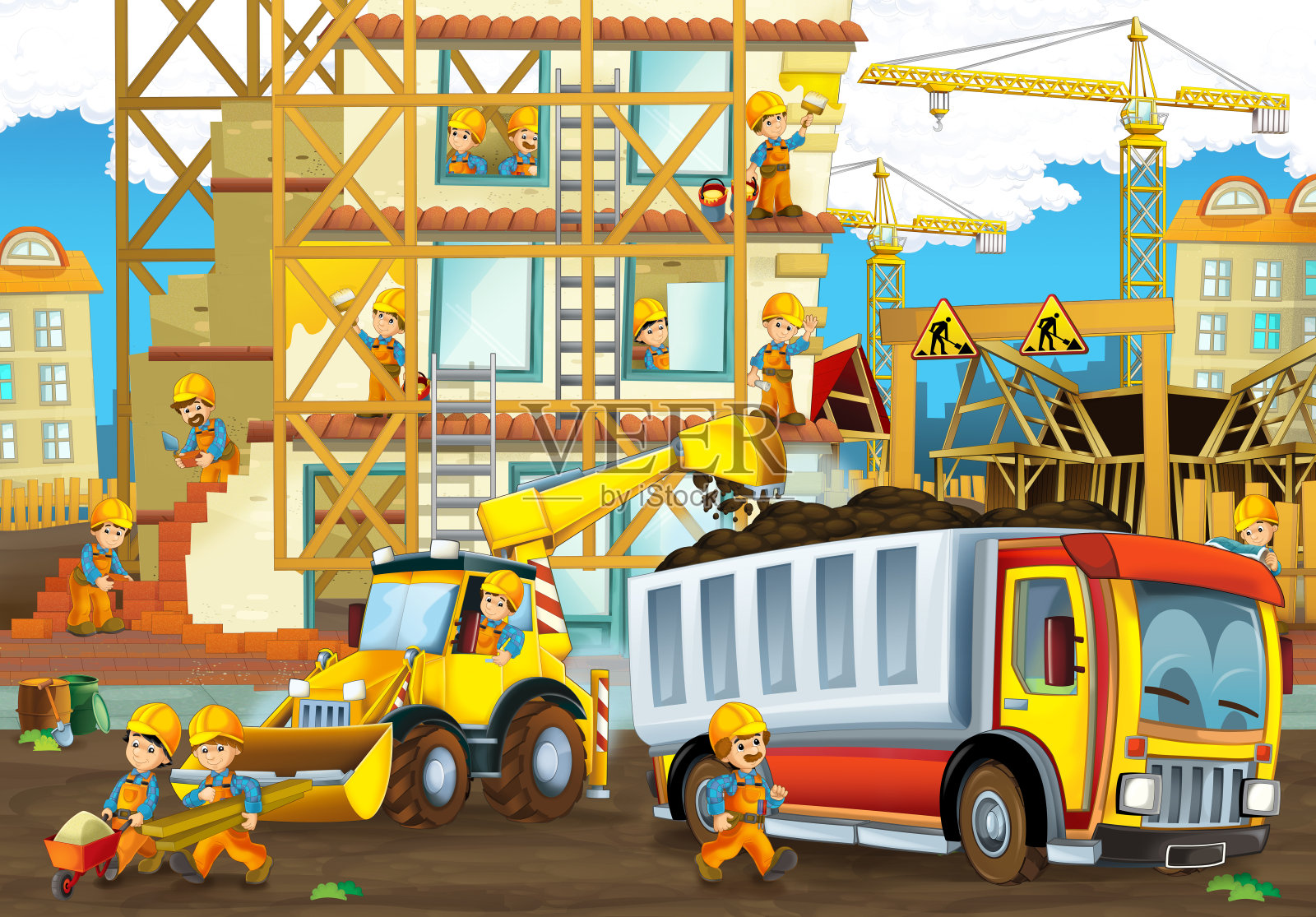 卡通场景，工业建设现场，齿轮或儿童交通插图插画图片素材