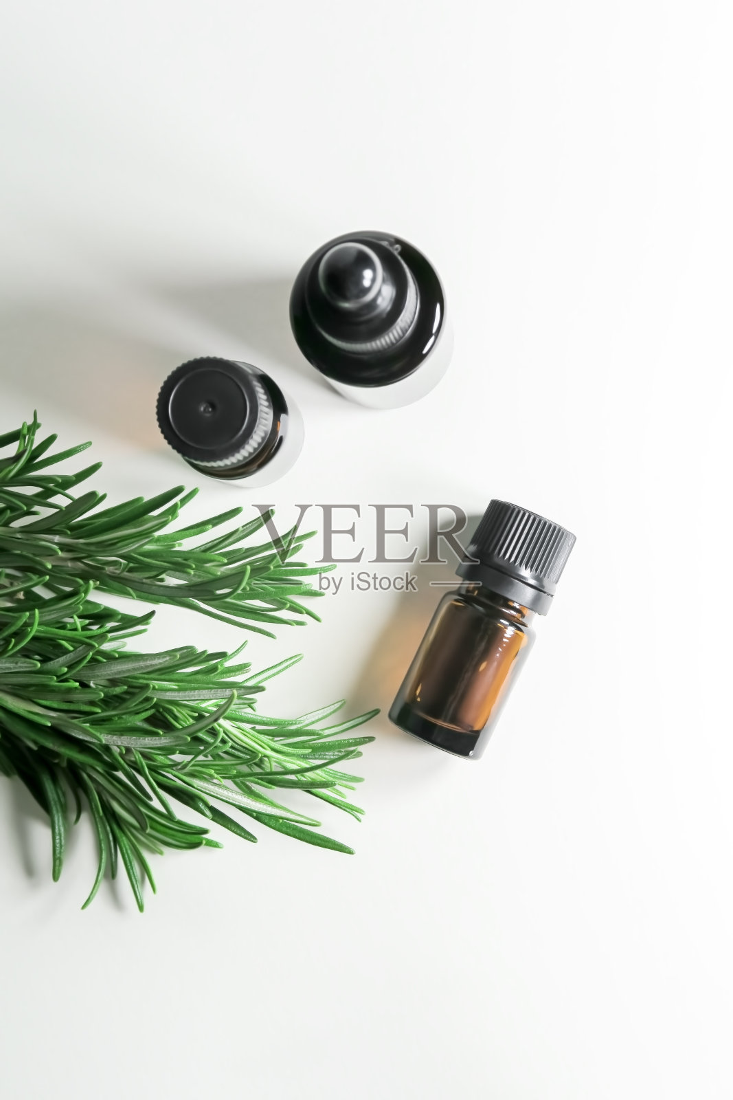 白色背景上，三个装有迷迭香精油和新鲜迷迭香树枝的玻璃瓶，俯视图照片摄影图片