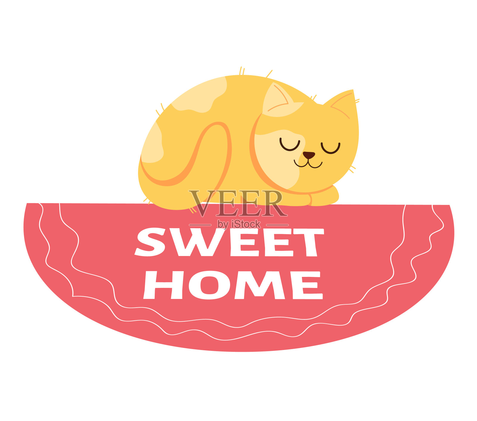 橙色虎斑猫睡在红色SWEET HOME地毯上，可爱的小动物在休息。温馨的家宠，快乐的猫插画。矢量图插画图片素材