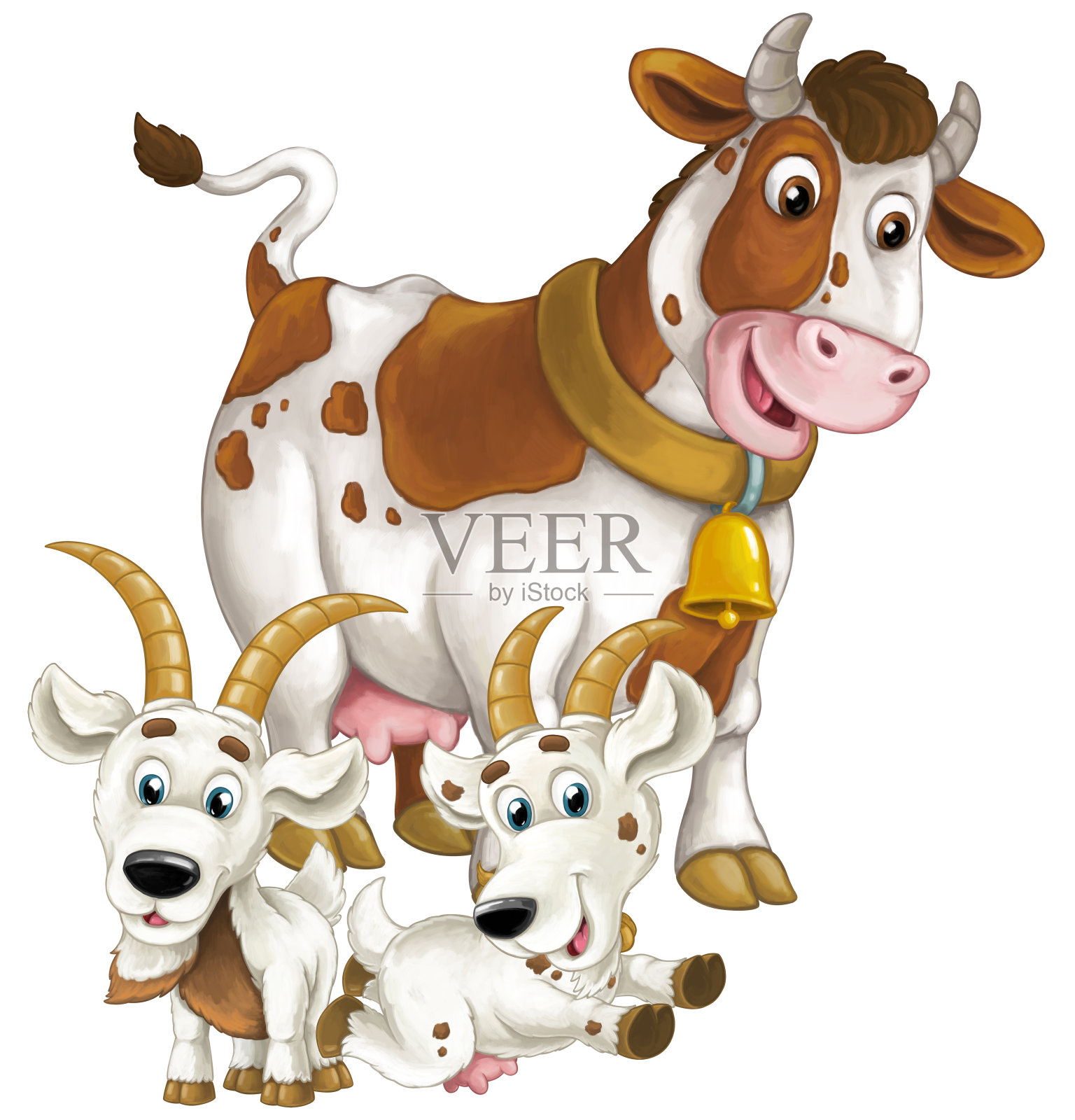 卡通场景与快乐农场动物牛和两只山羊在一起玩的孩子孤立插图插画图片素材