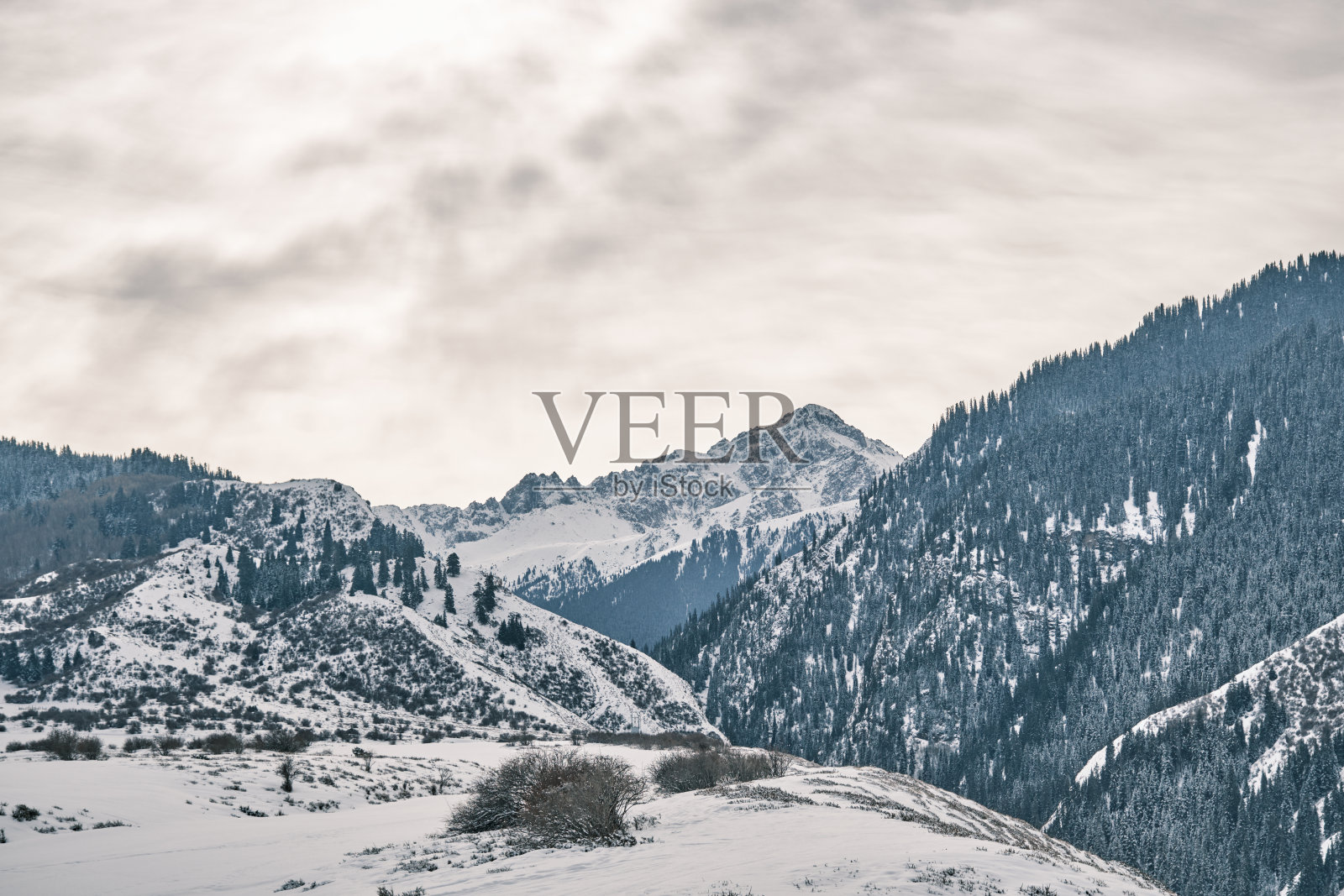 冬天的山景，多云的天空和雪峰照片摄影图片