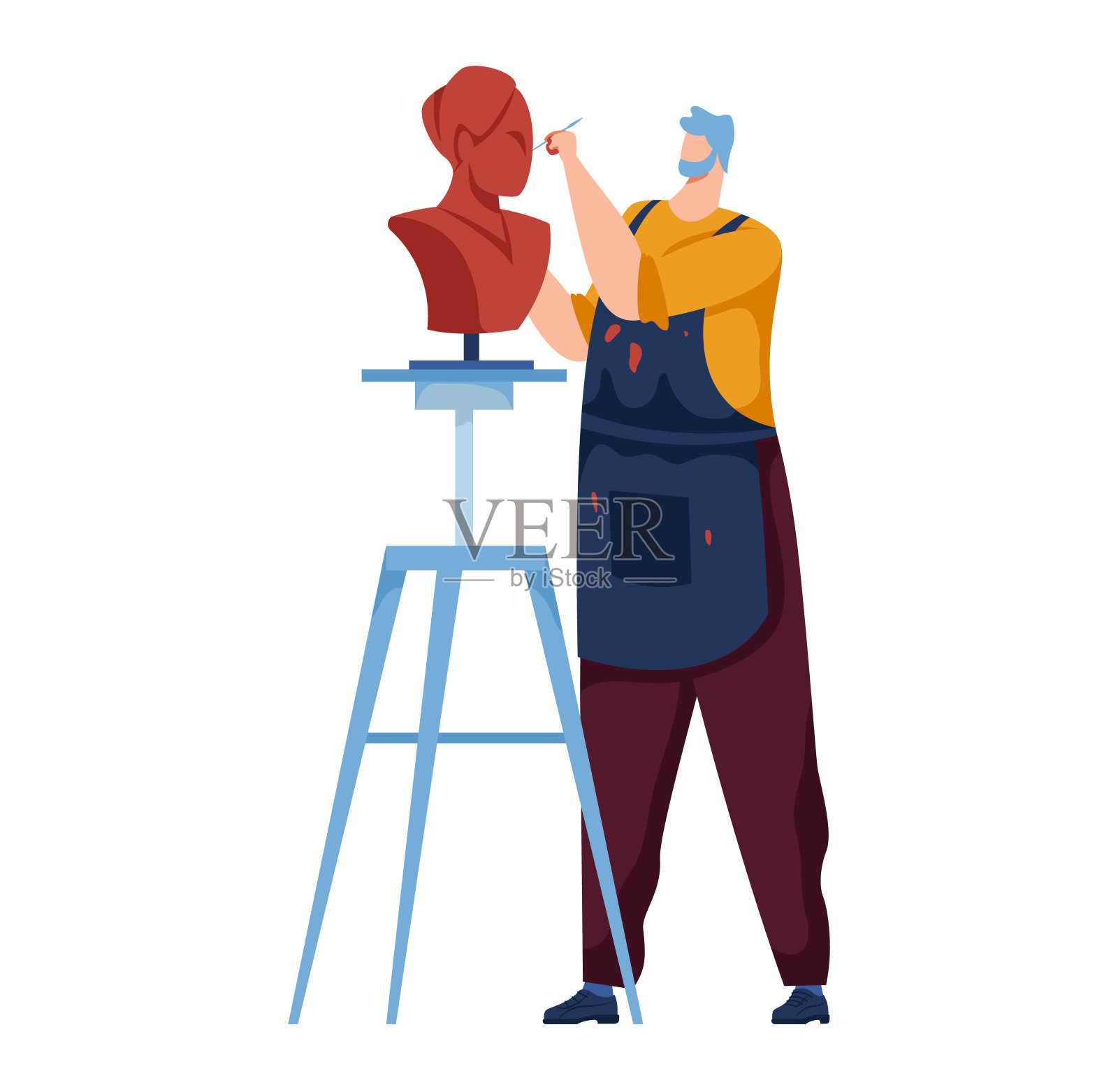 男雕刻家用凿子和锤子雕刻胸像。高加索艺术家在工作室雕刻雕塑。创造性的职业和艺术家在工作矢量插图插画图片素材