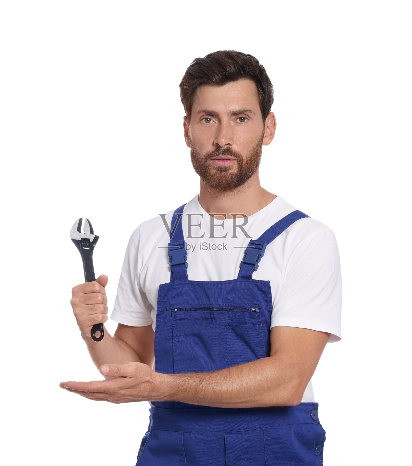 专业水管工，白色背景可调扳手照片摄影图片