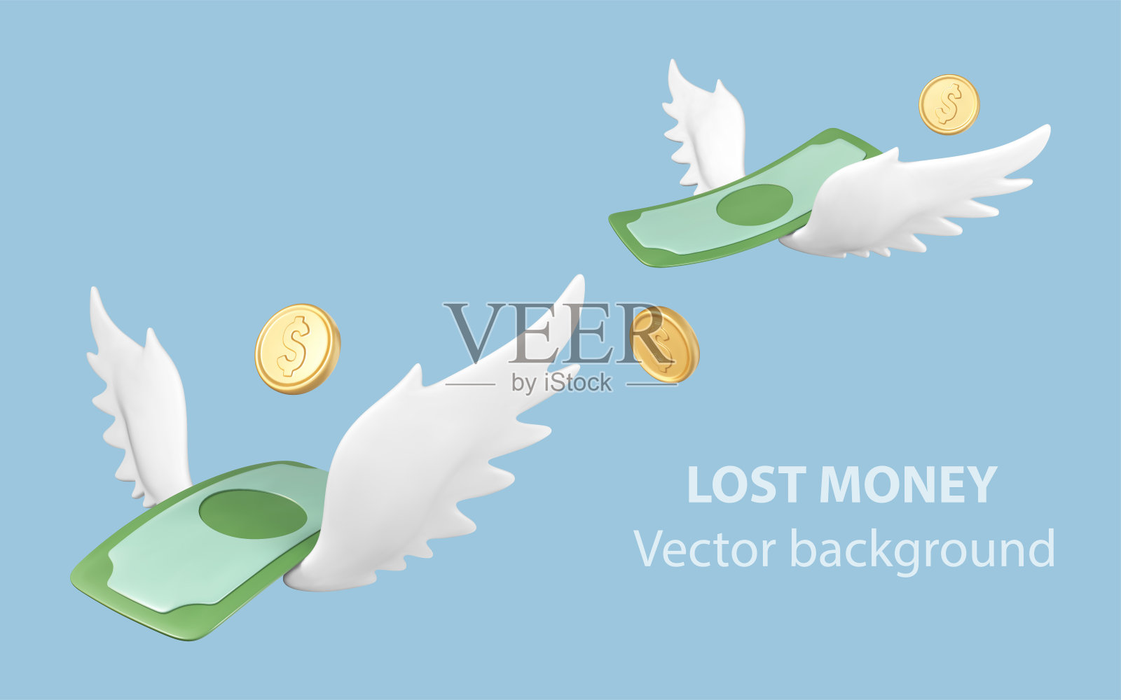3D美元钞票与白色的翅膀和金币在蓝色的背景。飞钱。损失金钱或费用的概念。矢量图插画图片素材