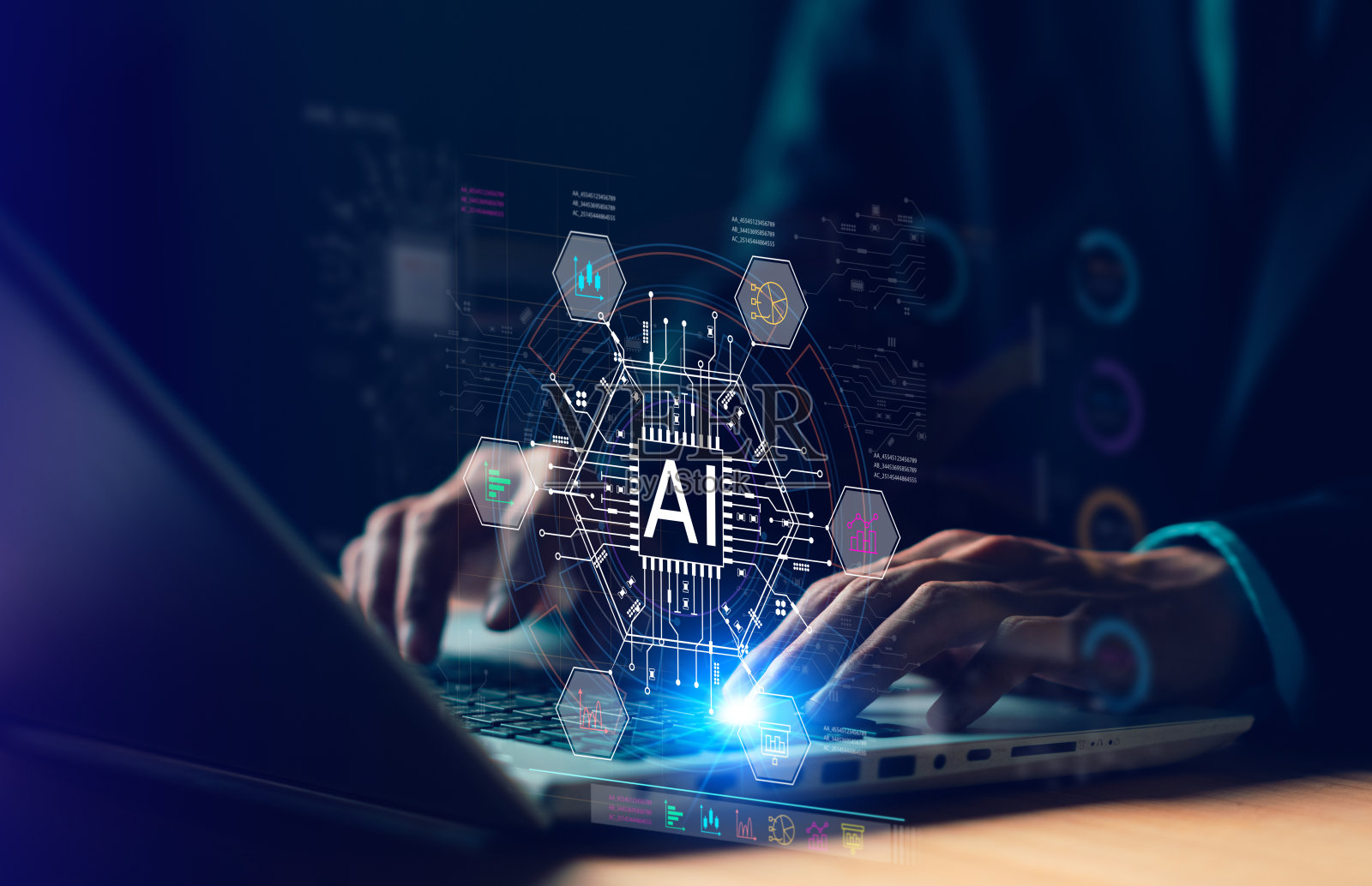 AI(人工智能)成长的概念。机器学习。商人用手提电脑分析信息趋势技术。商业链接数字营销。创新与未来照片摄影图片