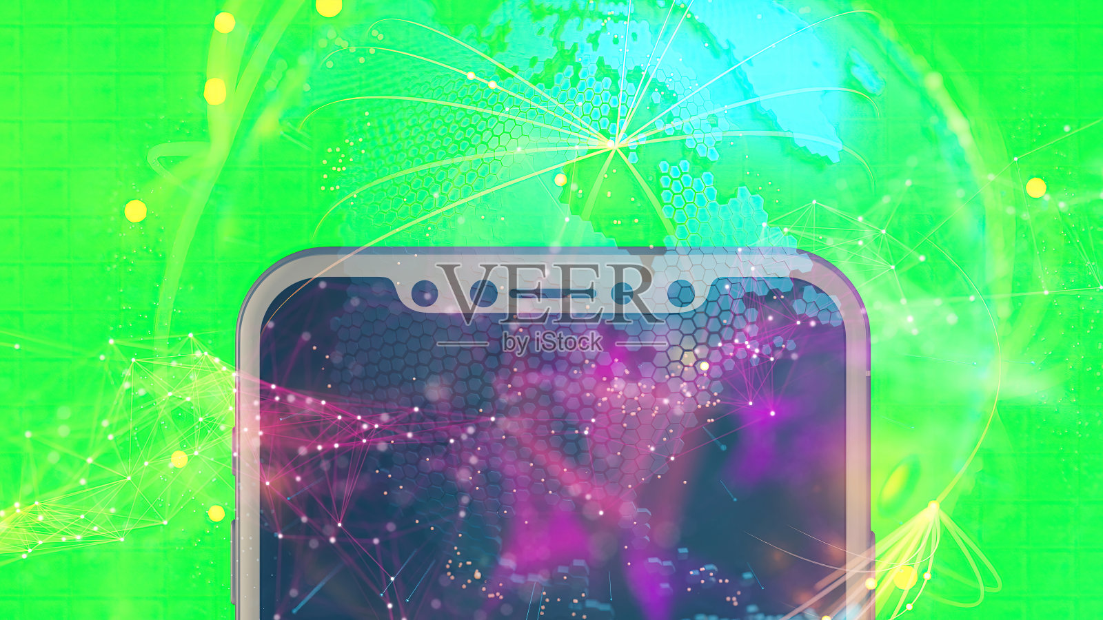 智能手机背景绿色屏幕和地球连接覆盖照片摄影图片