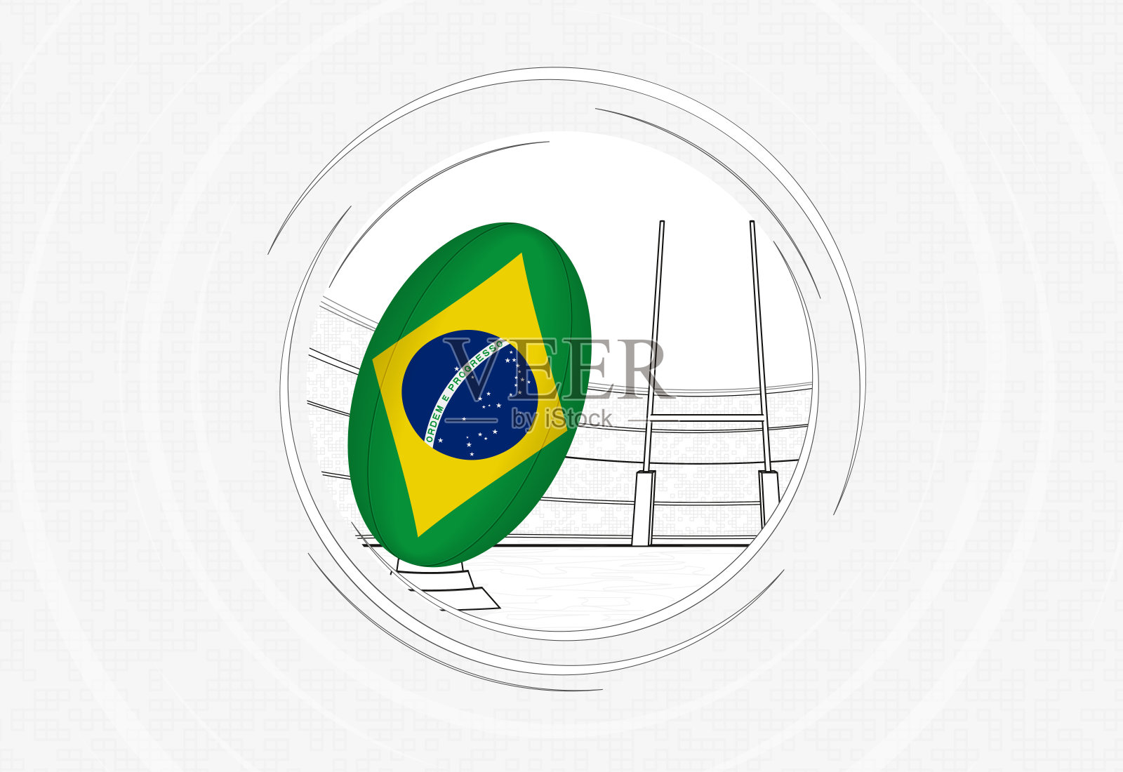 在一个拥挤的体育场里，橄榄球上的巴西国旗，橄榄球的圆形标志。插画图片素材