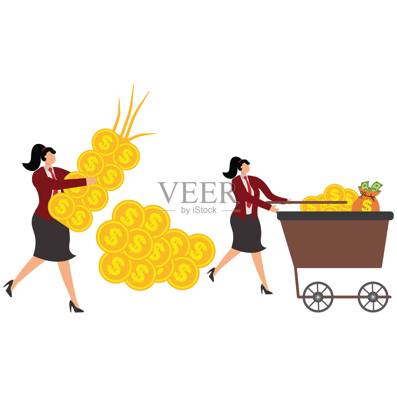 收割，女商人，符号，独轮车，金融和经济插画图片素材
