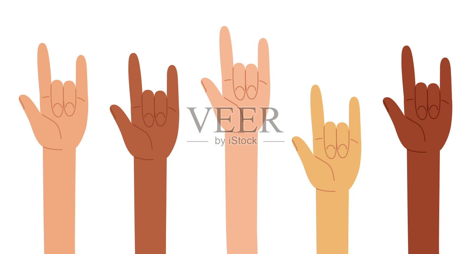 举起手来，露出石头的手势。一群不同的人类手臂，手势，粉丝，摇滚，摇滚，音乐。节日的象征。矢量插图手绘风格插画图片素材