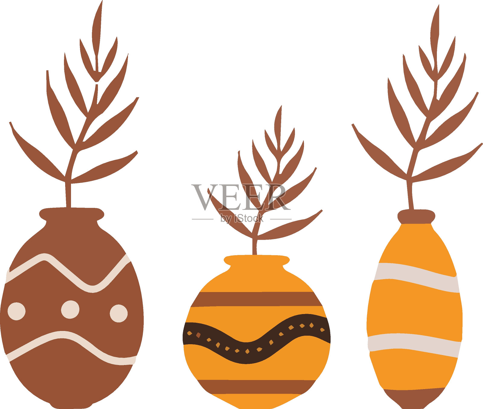 一组抽象的插花画，花瓶，鲜花，咖啡色的污渍。插画图片素材