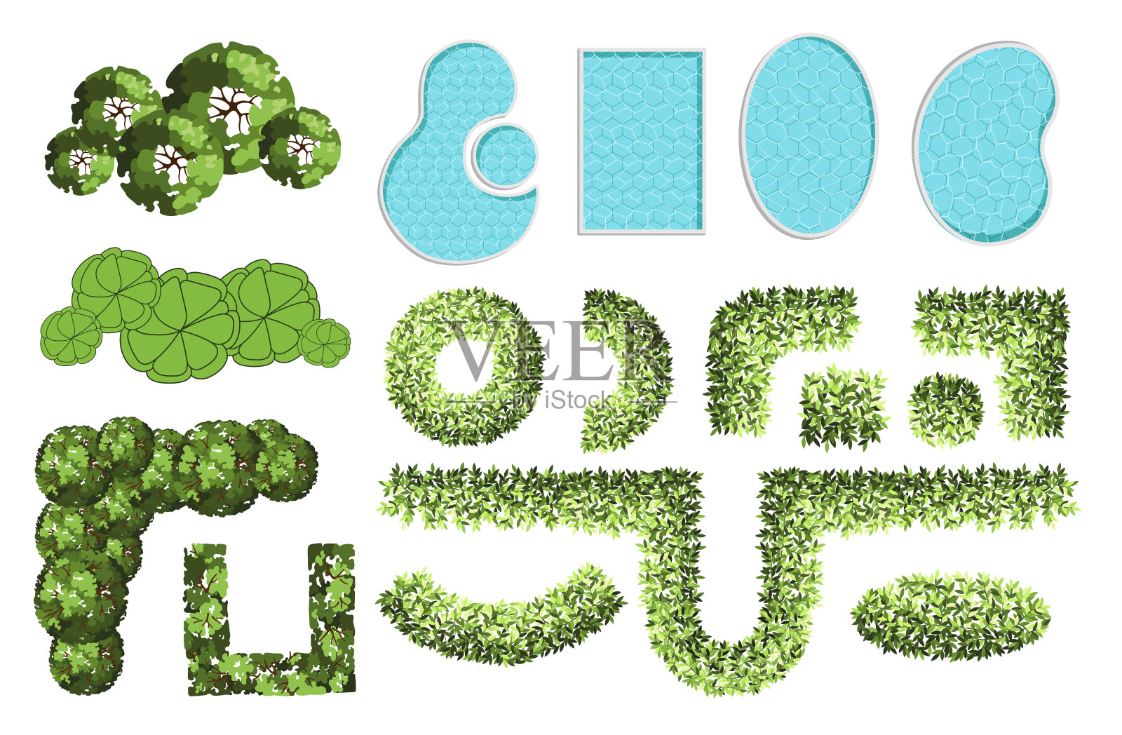 景观设计方案为俯视图元素。建筑平面图上的树木和水池。迷宫花园。各种树木、灌木和灌木。矢量插图。插画图片素材