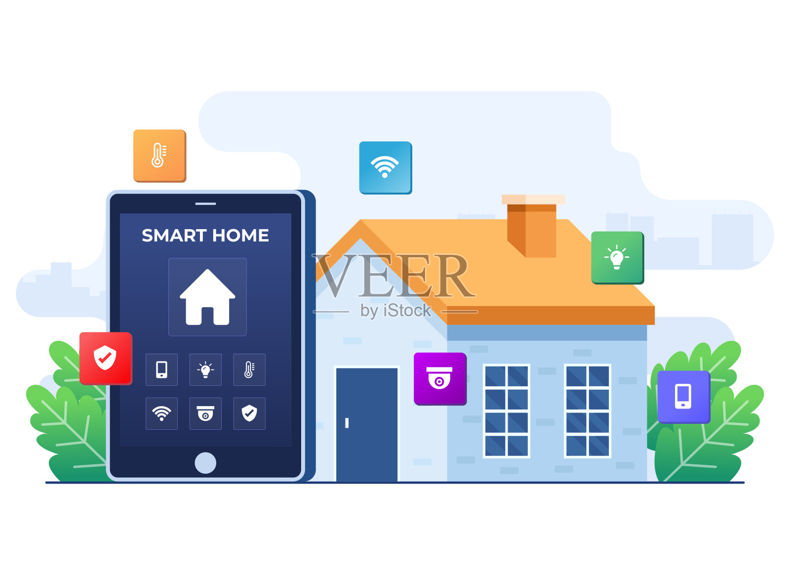 智能家居应用概念扁平化说明，家庭自动化，控制家庭设备采用平板电脑，远程家庭控制技术，家庭技术系统采用无线集中控制插画图片素材