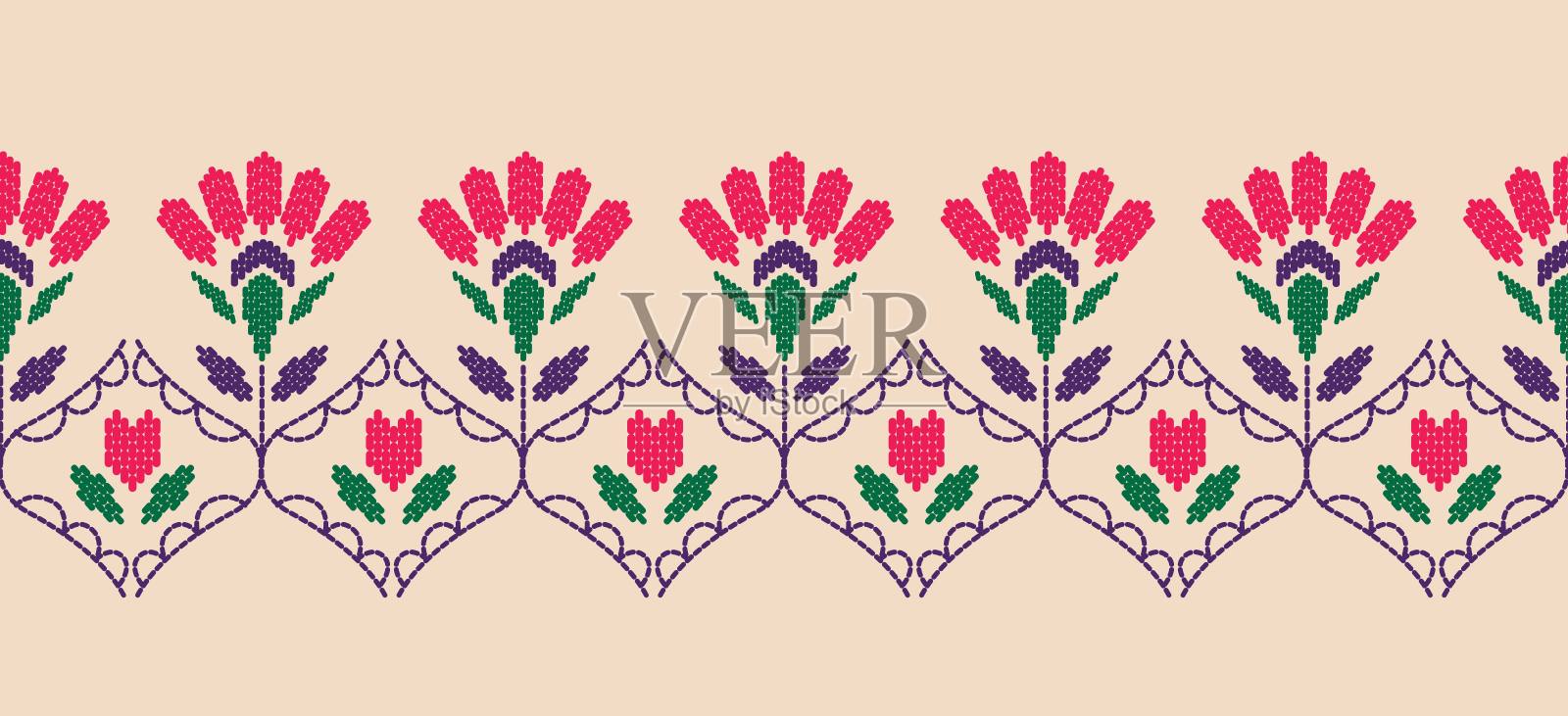 美丽的刺绣花卉图案插画图片素材