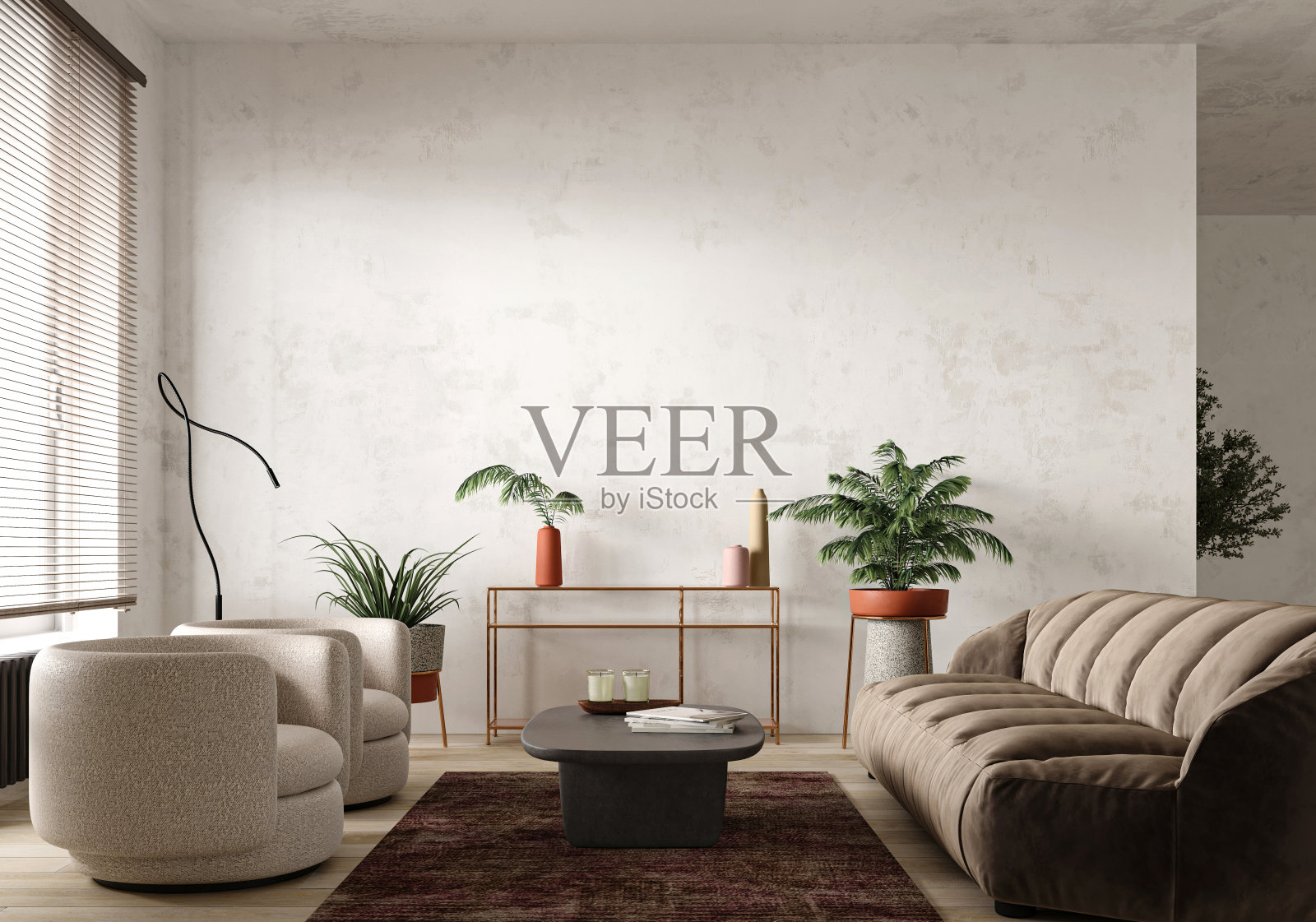 舒适的客厅与现代家具和极简主义的方法，创造一个宁静的避难所。3 d渲染。高质量3d插图照片摄影图片