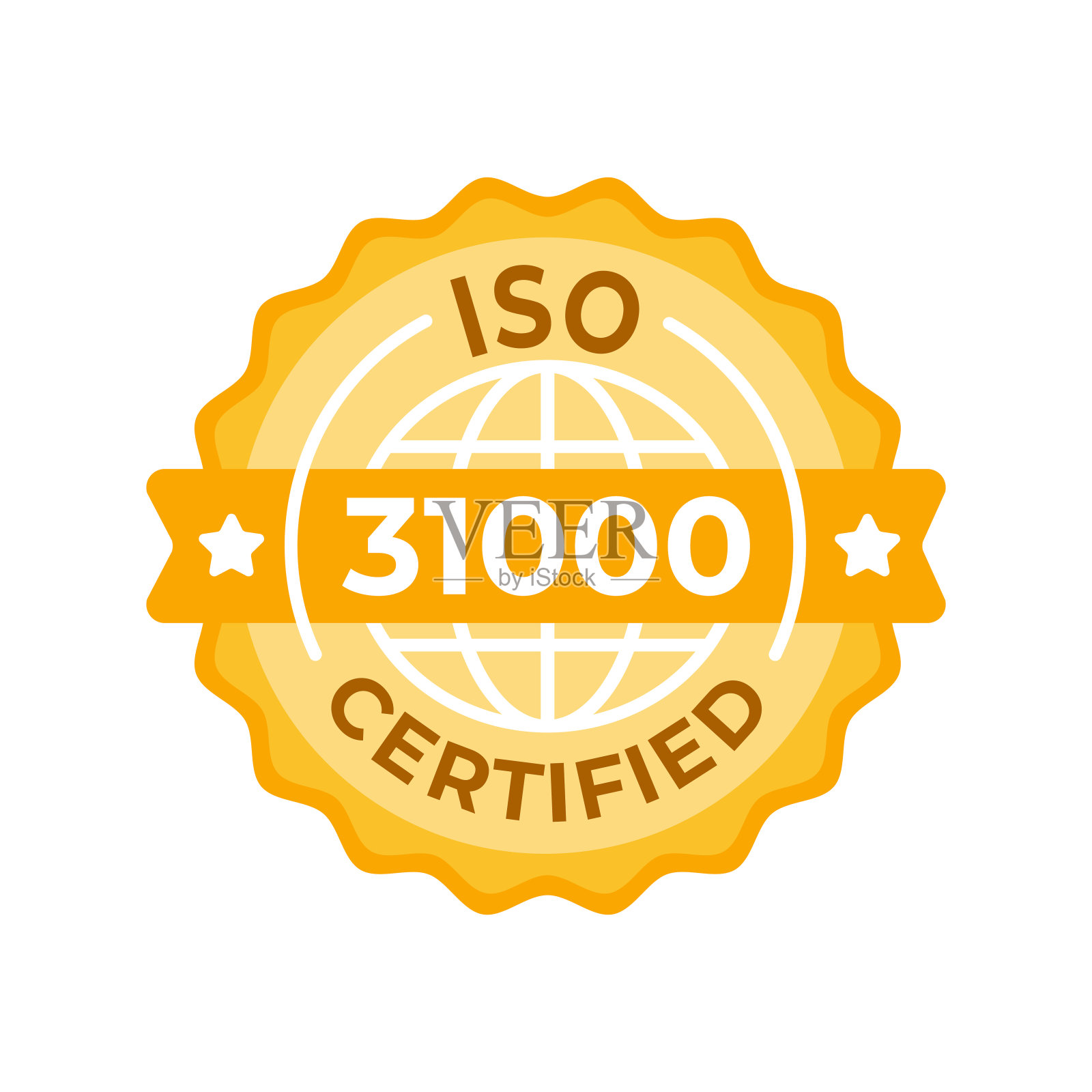 ISO 31000认证标志。一个复杂的金色认证徽章，象征着遵守ISO 31000风险管理准则插画图片素材