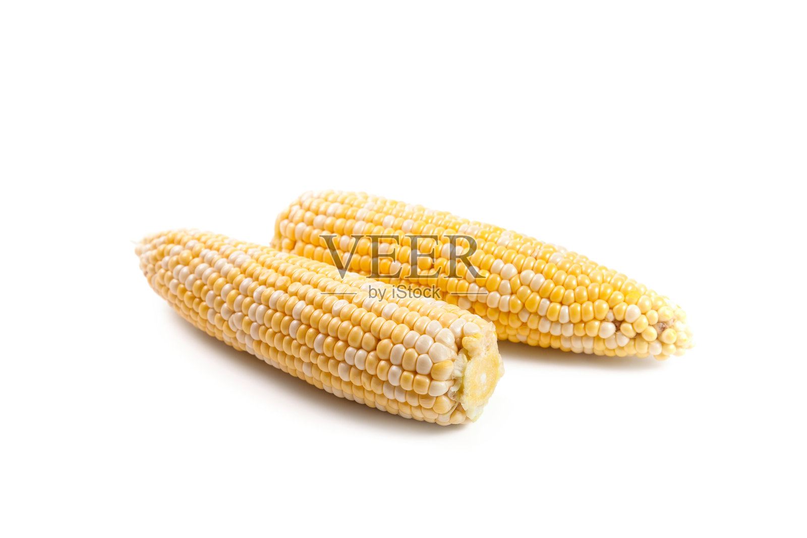 白色背景上分开的两穗甜玉米。照片摄影图片