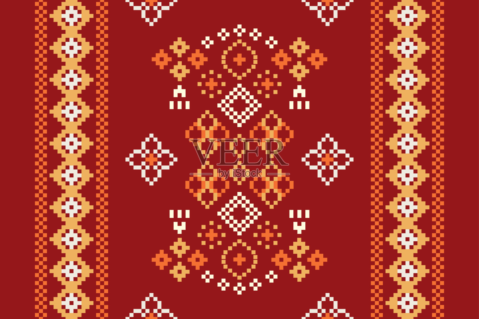 民族几何织物图案十字绣。伊卡特刺绣民族东方像素图案圣诞红背景。抽象,向量,插图。结构、框架、装饰、图案、丝绸墙纸。插画图片素材