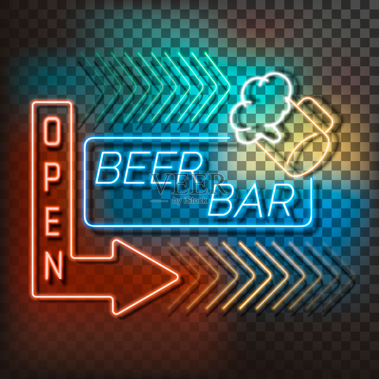 透明背景上的啤酒酒吧霓虹灯横幅。蓝色和橙色的标志。装饰现实复古元素插画图片素材