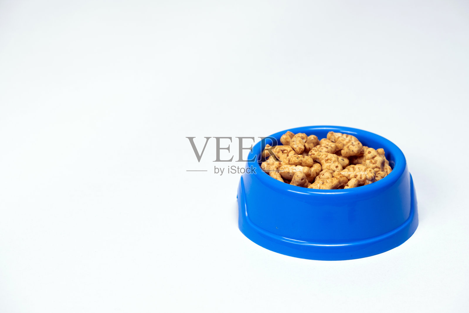 给猫和小猫的礼物是一个鱼形状的猫薄荷饼干，放在一个蓝色的碗里，文字的复制空间。照片摄影图片