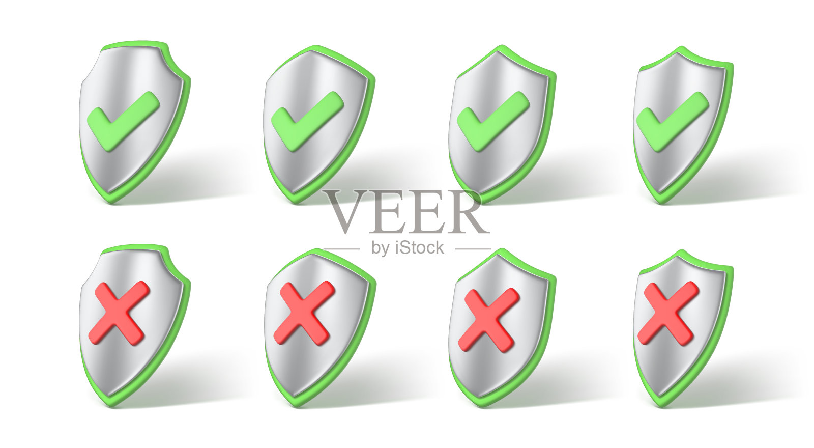 防护罩上的正确和错误标志。正确和错误的标记。绿勾和红叉符号。True, false复选框。拒绝和允许访问，验证概念。矢量3D插图插画图片素材