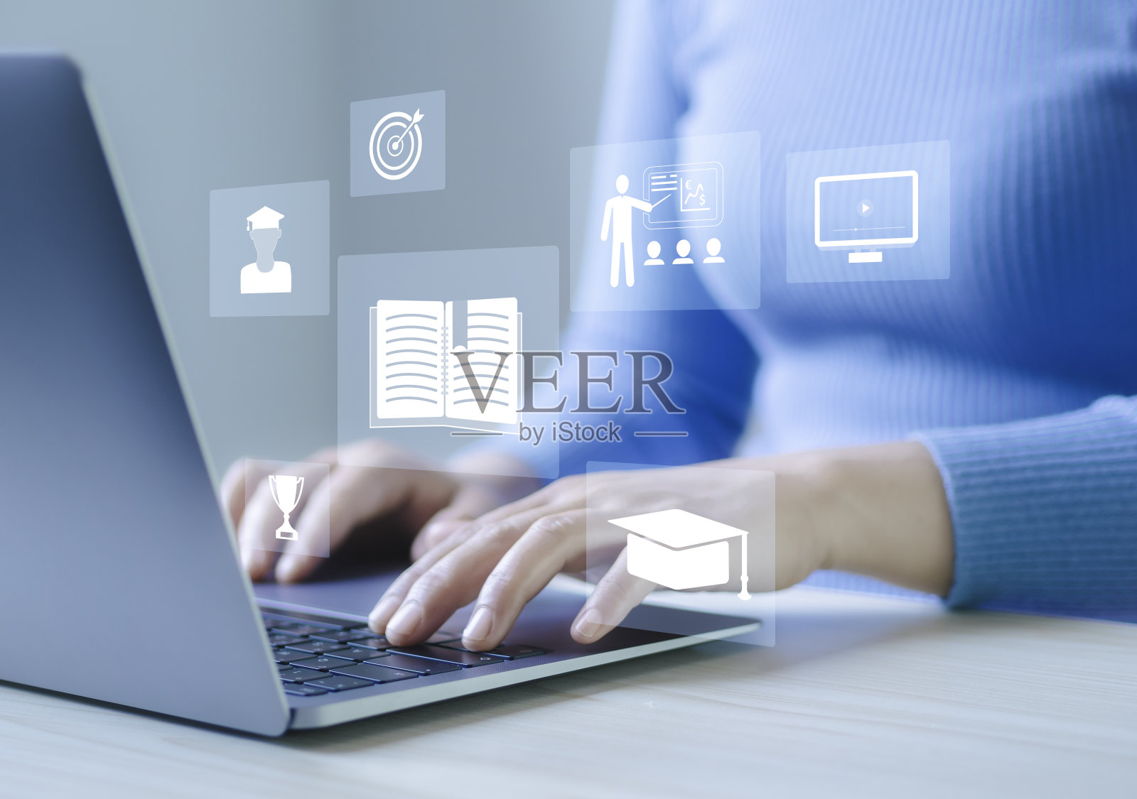 人们在数字屏幕上参加在线课程，学习知识，培养创造力和解决问题的能力。照片摄影图片