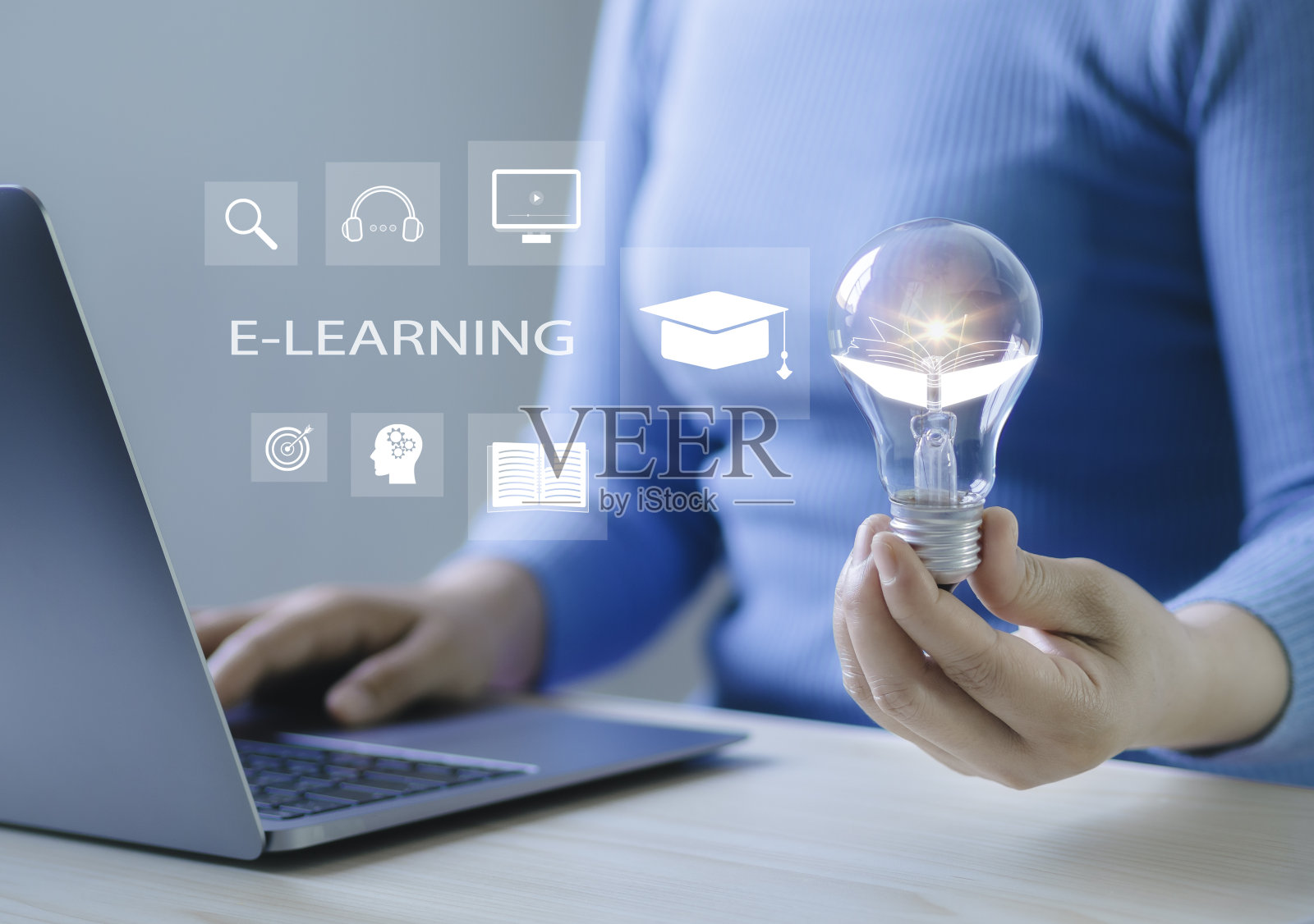 人们在数字屏幕上参加在线课程，学习知识，培养创造力和解决问题的能力。照片摄影图片