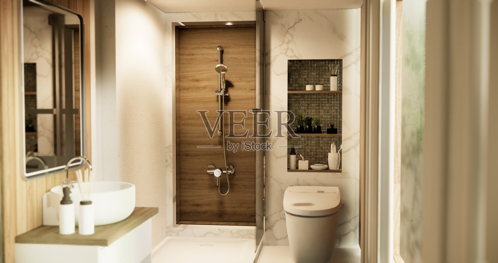 浴室的洗手池采用现代日式风格。照片摄影图片